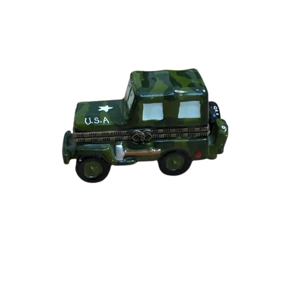 Vintage Porcelain Hinged Trinket Box Army Military Truck Jeep USA